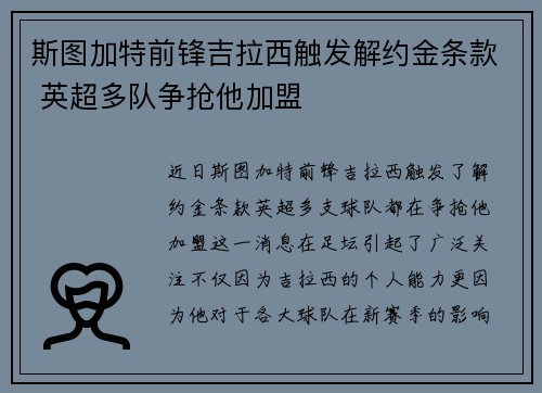 斯图加特前锋吉拉西触发解约金条款 英超多队争抢他加盟 斯图加特前锋吉拉西触发解约金条款 英超多队争抢他加盟