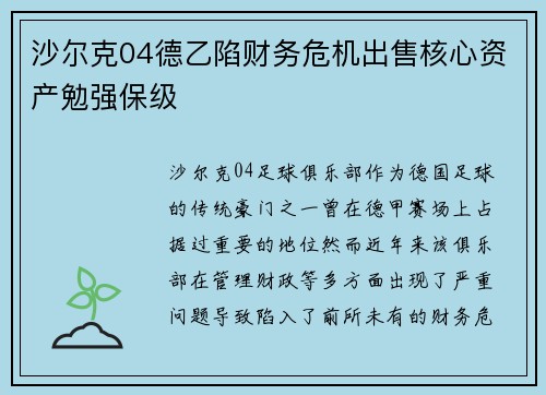沙尔克04德乙陷财务危机出售核心资产勉强保级 沙尔克04德乙陷财务危机出售核心资产勉强保级