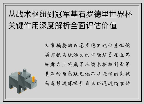 从战术枢纽到冠军基石罗德里世界杯关键作用深度解析全面评估价值 从战术枢纽到冠军基石罗德里世界杯关键作用深度解析全面评估价值